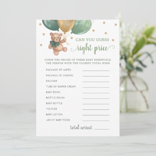 当て右プライスゲーム赤ちゃんシャワーテディベアカード 招待状 (スタンド正面)