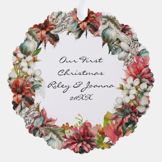 当社の初めてのクリスマスの写真と日付 オーナメントカード (裏面)