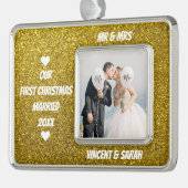 当社の初めてのクリスマスカスタム写真と名前グリッター シルバープレートフレームオーナメント (左)