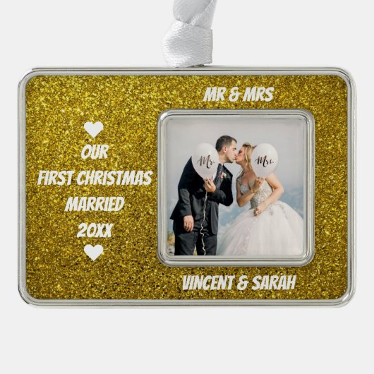 当社の初めてのクリスマスカスタム写真と名前グリッター シルバープレートフレームオーナメント (正面)