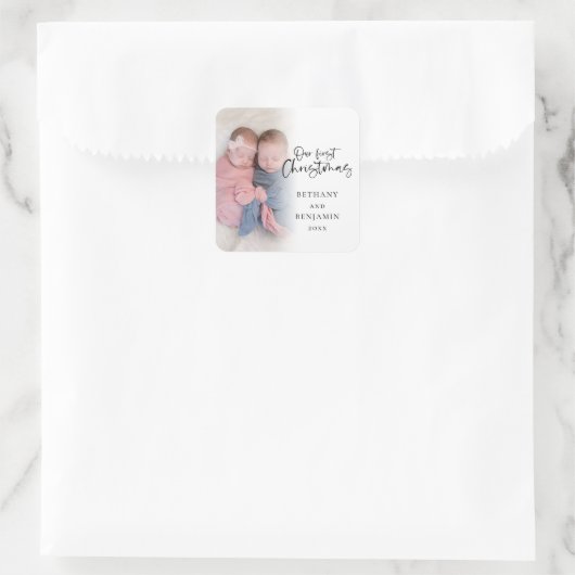 当社の初めてのクリスマスツインベビー名年写真 スクエアシール (バッグ)