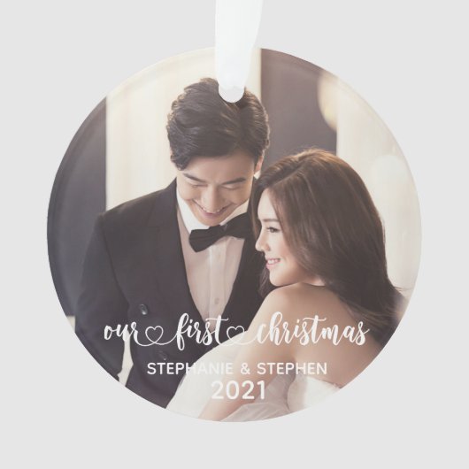 当社の初めてのクリスマスハート手書写真 オーナメント (正面)