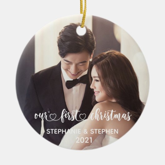 当社の初めてのクリスマスハート手書写真 セラミックオーナメント (正面)