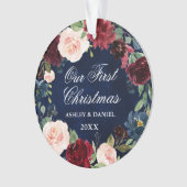 当社の初めてのクリスマスフローラブルーPHOTOバック オーナメント (正面)