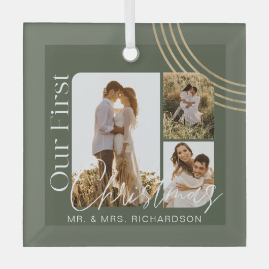 当社の初めてのクリスマスモダン幾何学的3枚の写真 ガラスオーナメント (正面)