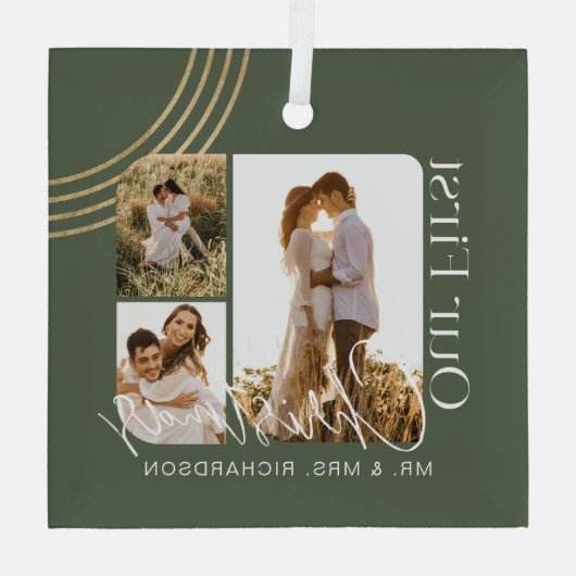 当社の初めてのクリスマスモダン幾何学的3枚の写真 ガラスオーナメント (裏面)