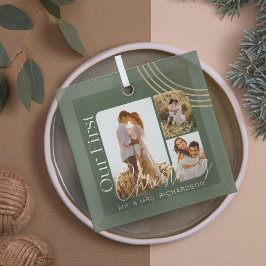 当社の初めてのクリスマスモダン幾何学的3枚の写真 ガラスオーナメント