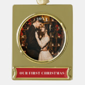 当社の初めてのクリスマス写真 ゴールドプレートバナーオーナメント (正面)