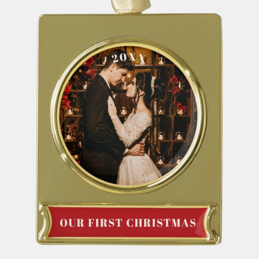 当社の初めてのクリスマス写真 ゴールドプレートバナーオーナメント (正面)