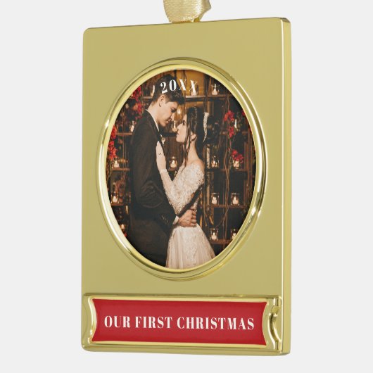 当社の初めてのクリスマス写真 ゴールドプレートバナーオーナメント (左)