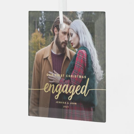 当社の初めてのクリスマス婚約したガラスフォトオーナメント ガラスオーナメント (正面左)