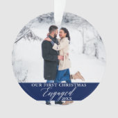当社の初めてのクリスマス婚約したフォトブルー オーナメント (正面)
