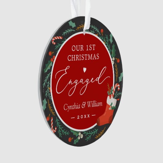当社の初めてのクリスマス婚約したフローラリース写真 オーナメント (正面)