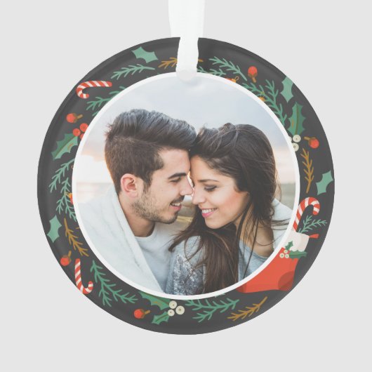 当社の初めてのクリスマス婚約したフローラリース写真 オーナメント (裏面)