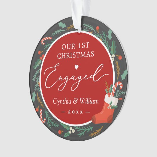 当社の初めてのクリスマス婚約したフローラリース写真 オーナメント (正面)