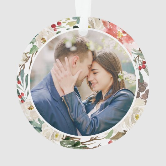 当社の初めてのクリスマス婚約した幾何学的フローラ写真 オーナメント (裏面)