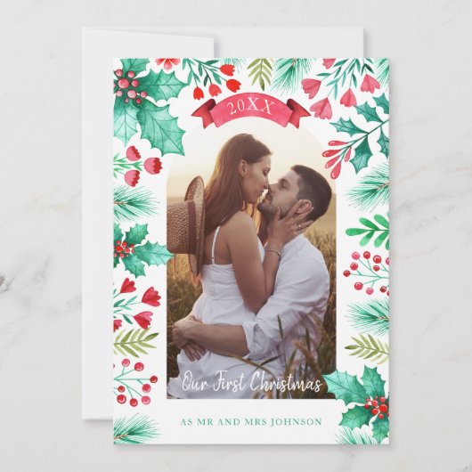 当社の初めてのクリスマス結婚したフォトウォーターカラー シーズンカード (正面)