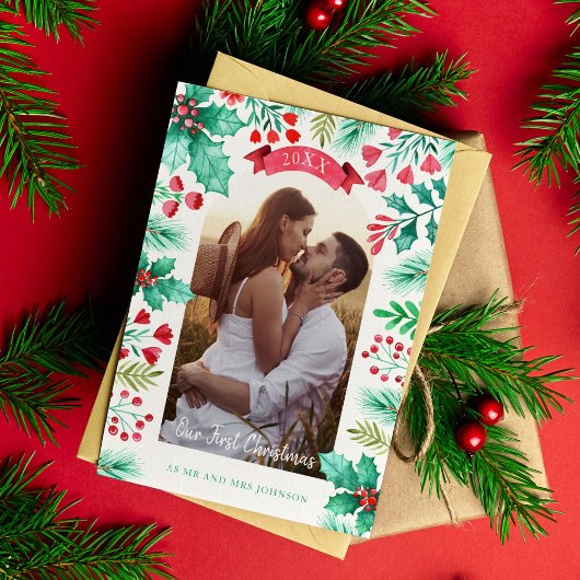 当社の初めてのクリスマス結婚したフォトウォーターカラー シーズンカード