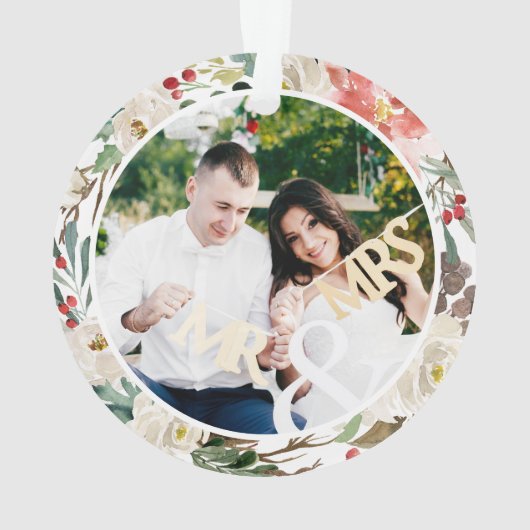 当社の初めてのクリスマス結婚した幾何学的フローラ写真 オーナメント (裏面)