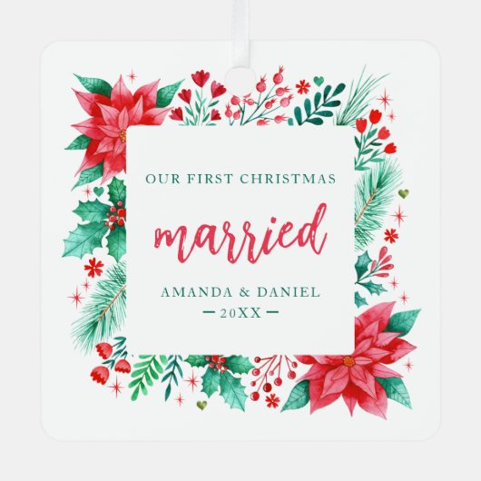 当社の初めてのクリスマス結婚した水彩オーナメント メタルオーナメント (正面)