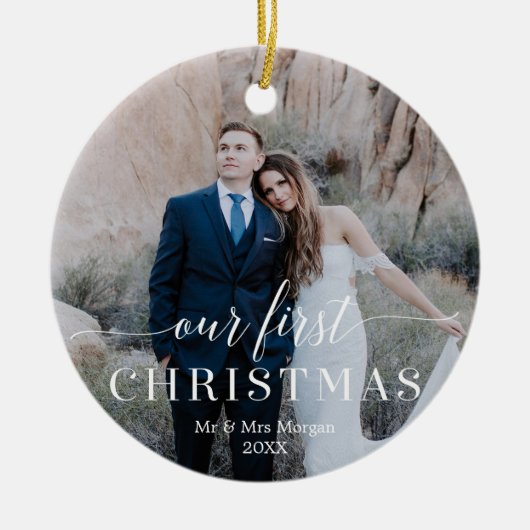 当社の初めてのクリスマス結婚の写真オーナメント セラミックオーナメント (正面)