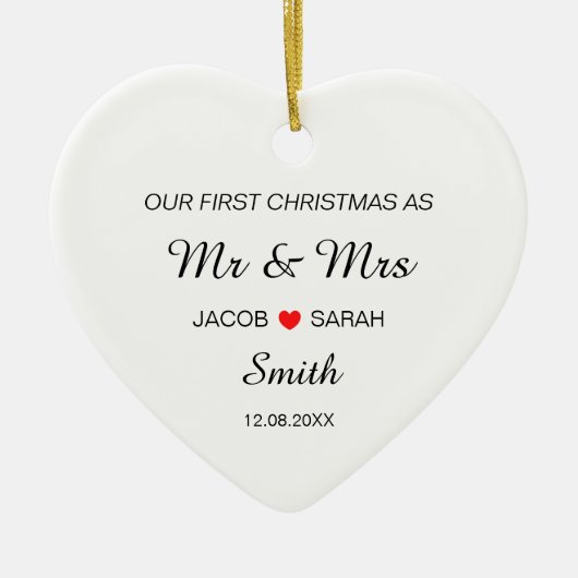 当社の結婚した初めてのクリスマスの氏名日付 セラミックオーナメント (正面)