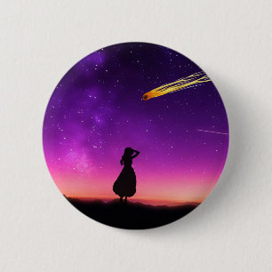 彗星が地球に向かって衝突する紫の夜空 缶バッジ