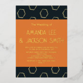 形状遊暗色の海軍とオレン結婚ジの箔 箔招待状 (正面)