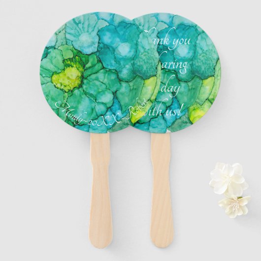 形状:丸いハンドファン「青緑の花」 ハンドファン (正面&裏面)