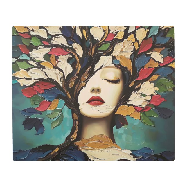 形而上学的な女性とツリーアート メタルプリント (正面)