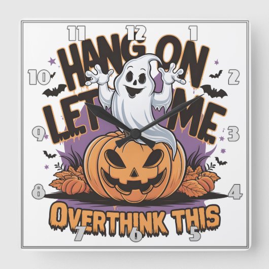 彫られたカボチャの上の陽気なハロウィーン幽霊 スクエア壁時計 (正面)