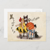 彫られたカボチャを持つ子供たち、ハロウィーン ポストカード (正面/裏面)