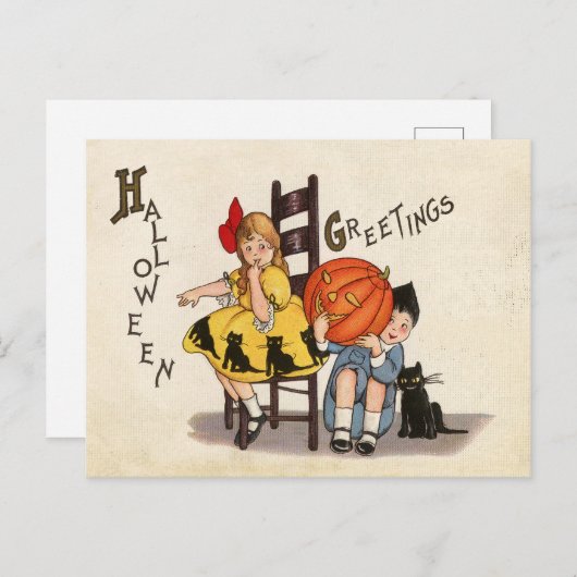 彫られたカボチャを持つ子供たち、ハロウィーン ポストカード (正面/裏面)