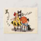 彫られたカボチャを持つ子供たち、ハロウィーン ポストカード (正面)