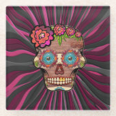 彫られた木製のルック砂糖スカルとフローラクラウン ガラスコースター (正面)