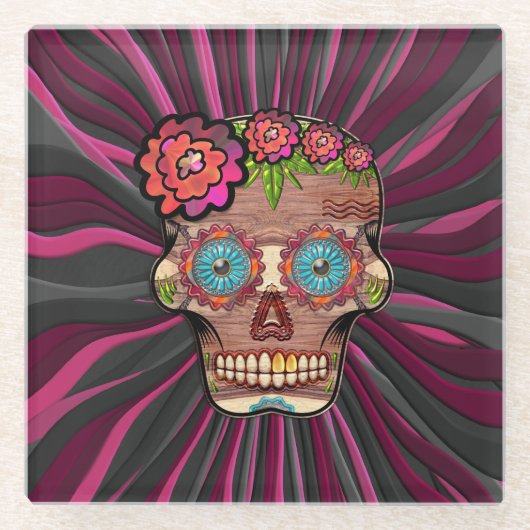 彫られた木製のルック砂糖スカルとフローラクラウン ガラスコースター (正面)