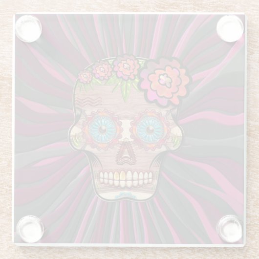 彫られた木製のルック砂糖スカルとフローラクラウン ガラスコースター (裏面)