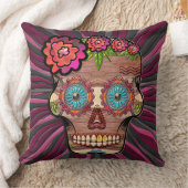 彫られた木製のルック砂糖スカルとフローラクラウン クッション (ブランケット)