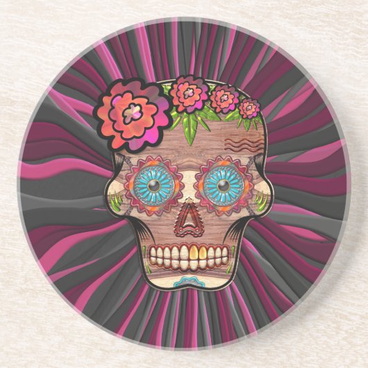 彫られた木製のルック砂糖スカルとフローラクラウン コースター (正面)