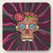 彫られた木製のルック砂糖スカルとフローラクラウン コースター (正面)