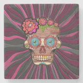 彫られた木製のルック砂糖スカルとフローラクラウン ストーンコースター (正面)