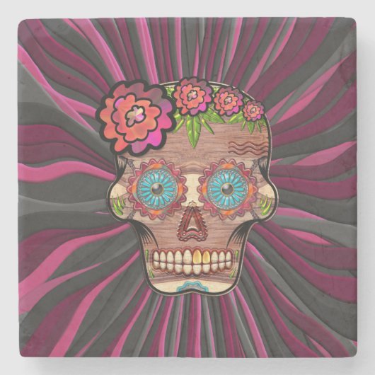 彫られた木製のルック砂糖スカルとフローラクラウン ストーンコースター (正面)