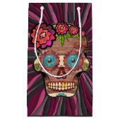 彫られた木製のルック砂糖スカルとフローラクラウン スモールペーパーバッグ (正面)