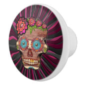 彫られた木製のルック砂糖スカルとフローラクラウン セラミックノブ (右)