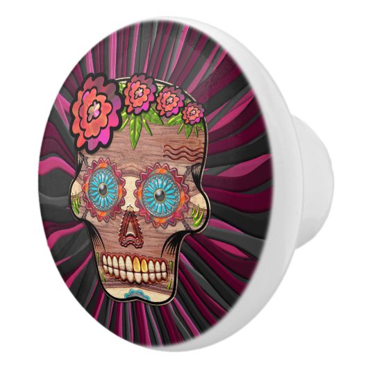 彫られた木製のルック砂糖スカルとフローラクラウン セラミックノブ (右)