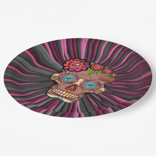 彫られた木製のルック砂糖スカルとフローラクラウン ペーパープレート (アングル)