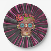 彫られた木製のルック砂糖スカルとフローラクラウン ペーパープレート (正面)