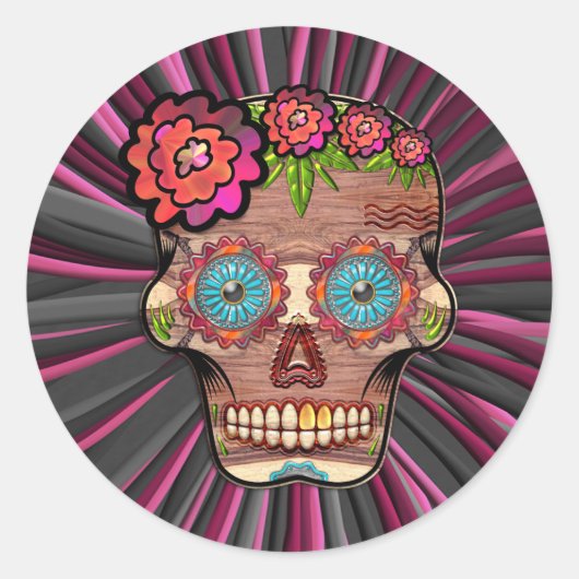 彫られた木製のルック砂糖スカルとフローラクラウン ラウンドシール (正面)