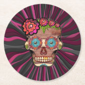 彫られた木製のルック砂糖スカルとフローラクラウン ラウンドペーパーコースター (正面)