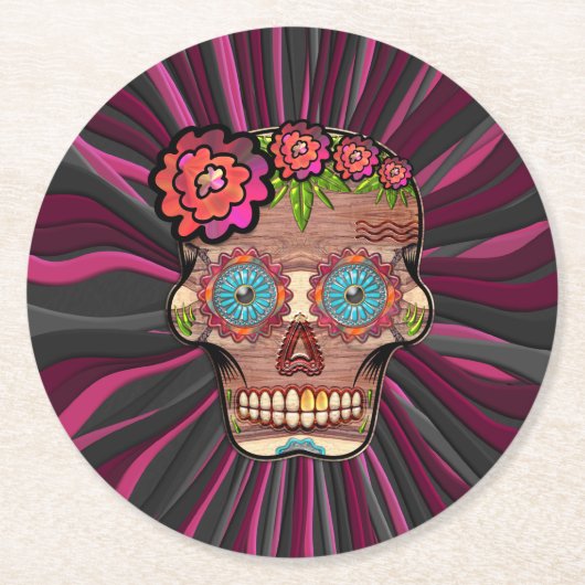 彫られた木製のルック砂糖スカルとフローラクラウン ラウンドペーパーコースター (正面)